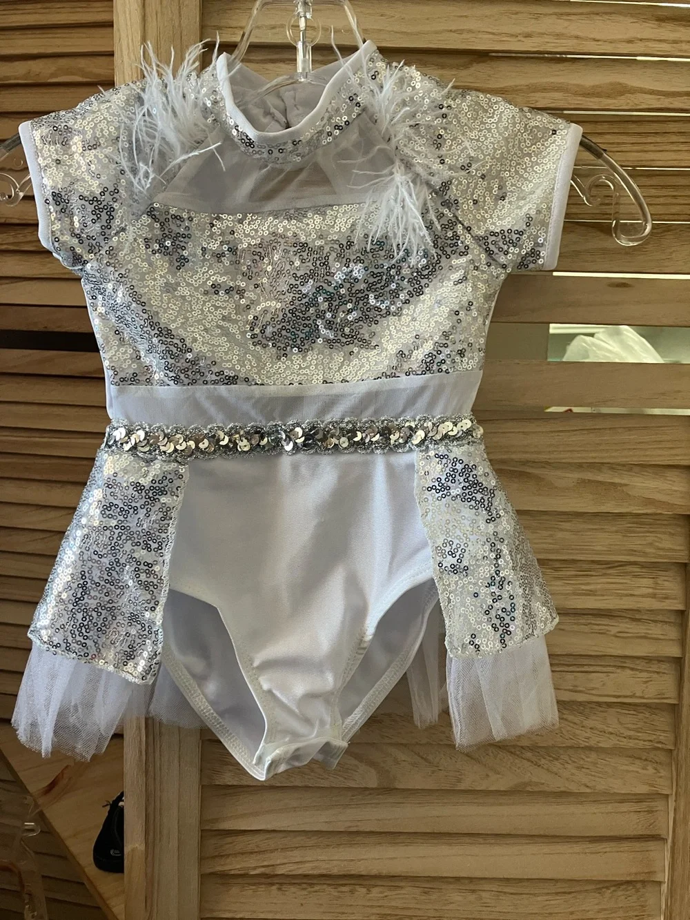 Silver Sequin Kids' Dance Costume with Feather Trim 3-4 years NWT